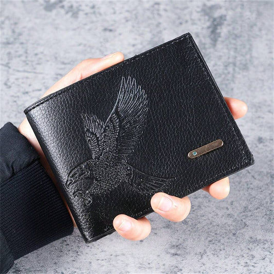 Men's Classic Black Wallet with Eagle Emboss – Multi-Slot, Coin Pocket & Money Clip