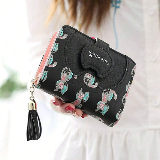 Cute Cartoon Cat Bifold Wallet with Tassel Zipper – Blue