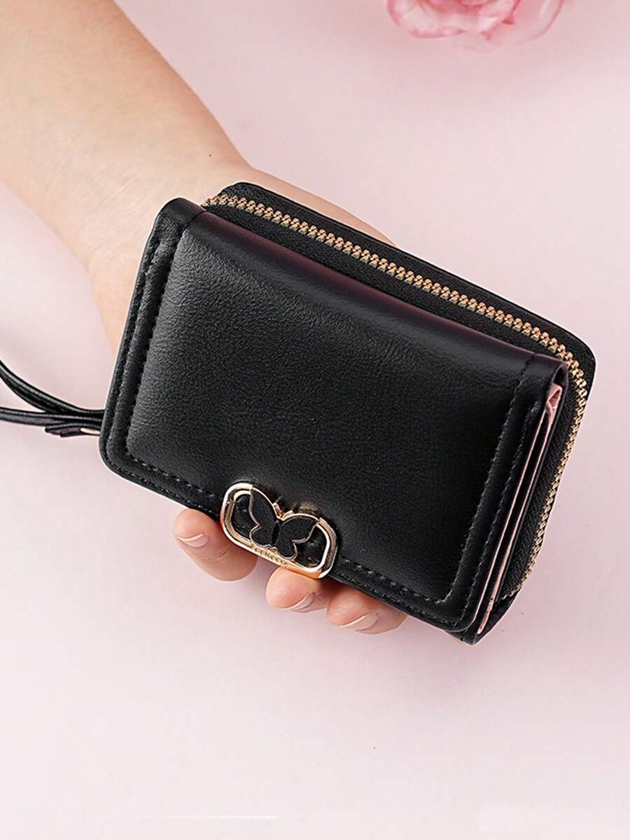 Women's Short Zipper Trifold Wallet with Butterfly Metal Decor
