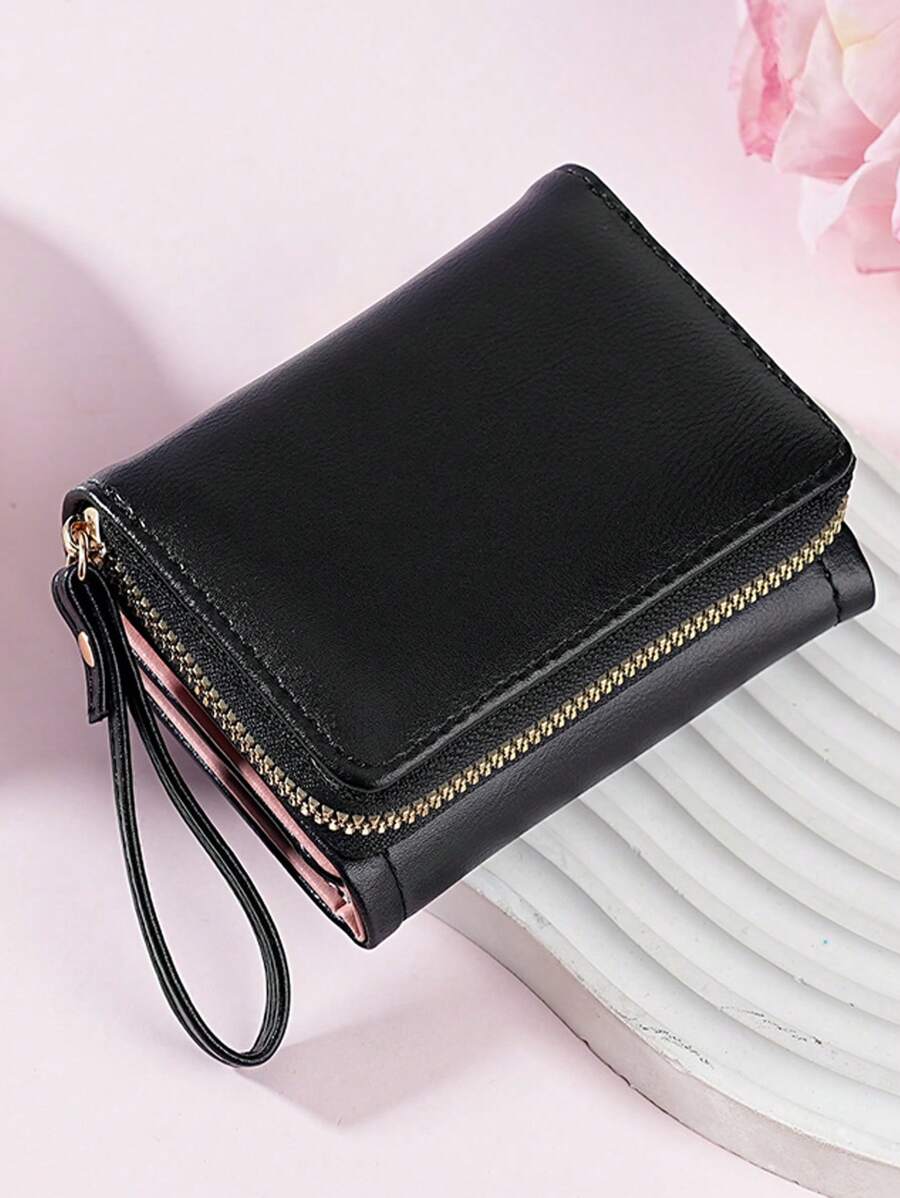 Women's Short Zipper Trifold Wallet with Butterfly Metal Decor