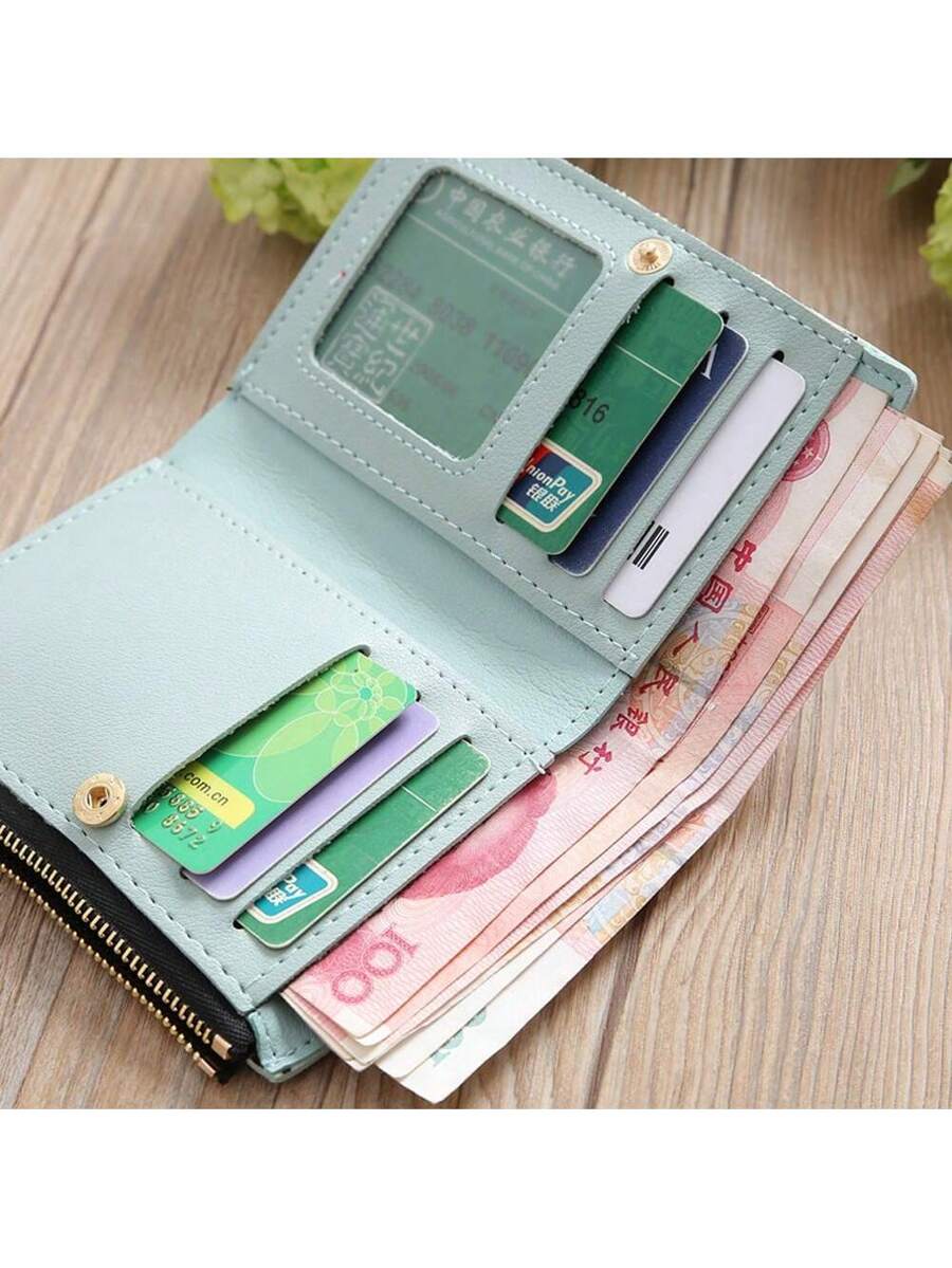 Small Black Bifold Wallet with White Flower Embroidery and Zipper Closure