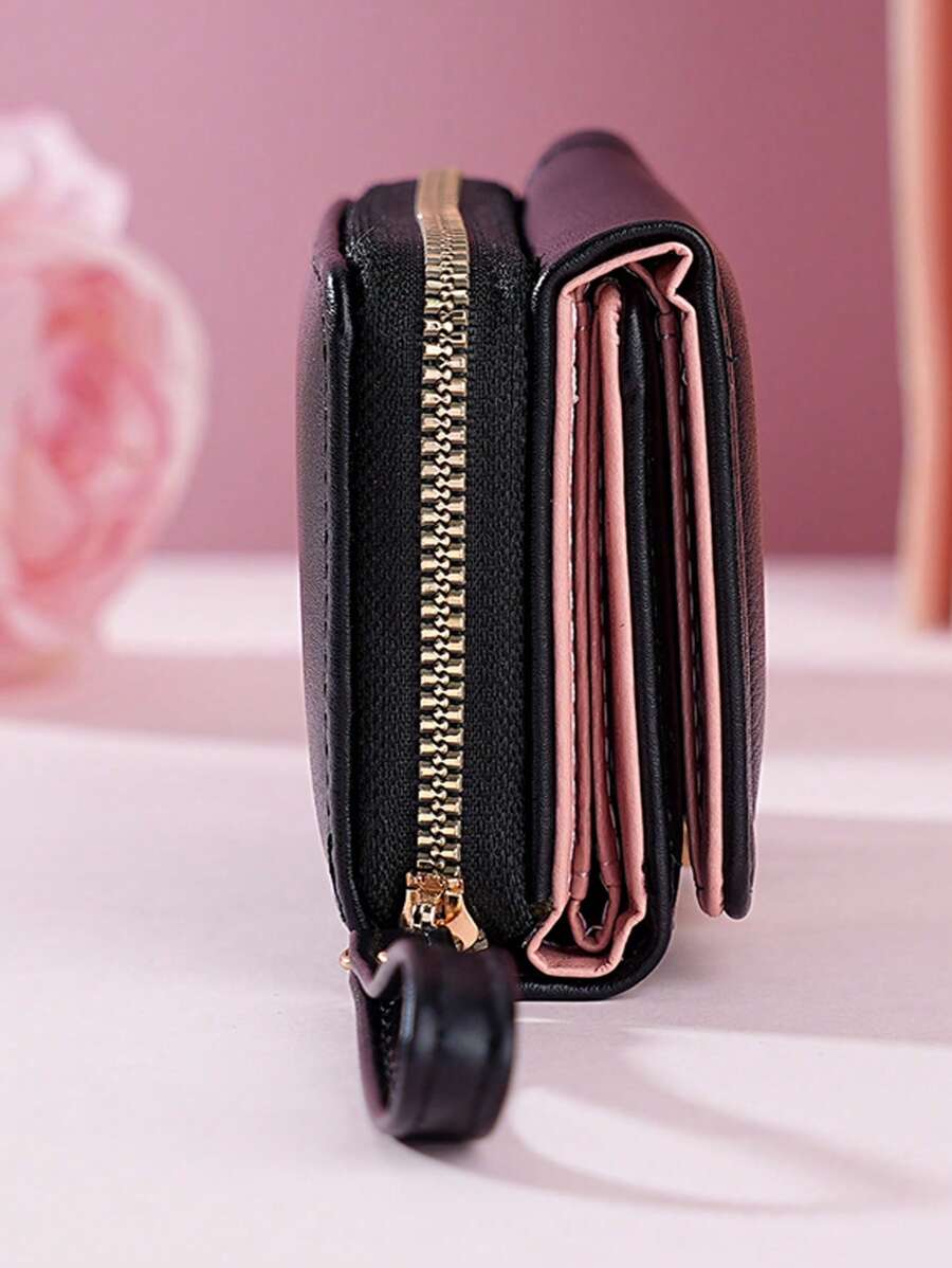 Women's Short Zipper Trifold Wallet with Butterfly Metal Decor