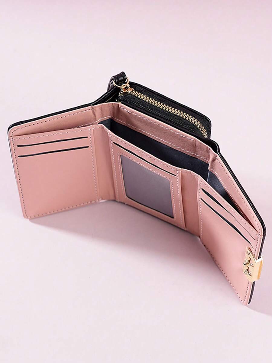 Women's Short Zipper Trifold Wallet with Butterfly Metal Decor