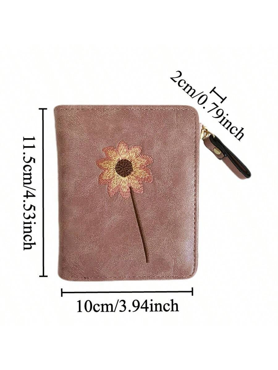 Women’s Short Wallet with Sunflower Embroidery – Retro Fashion Zipper Coin Purse