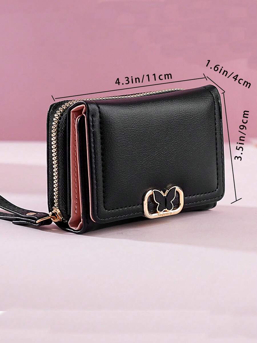 Women's Short Zipper Trifold Wallet with Butterfly Metal Decor