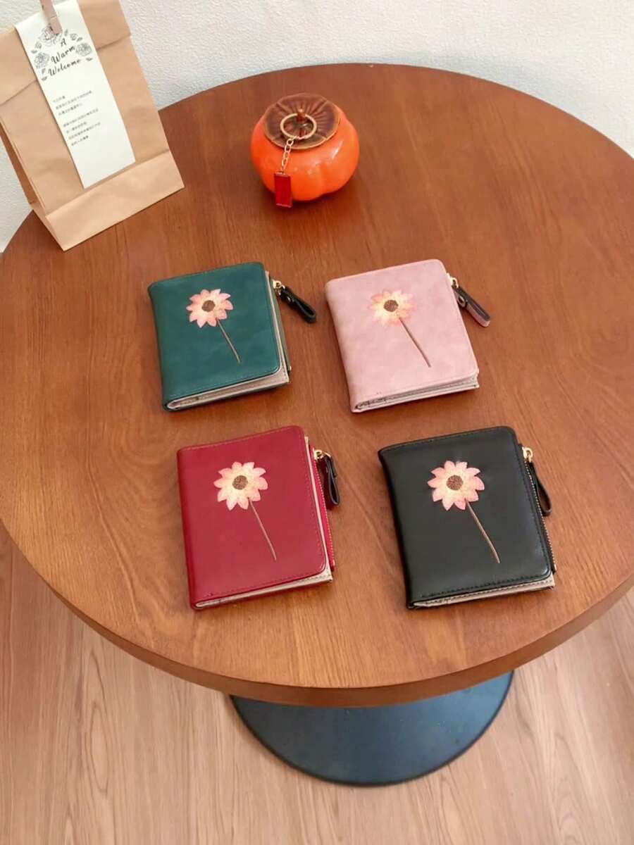 Women’s Short Wallet with Sunflower Embroidery – Retro Fashion Zipper Coin Purse
