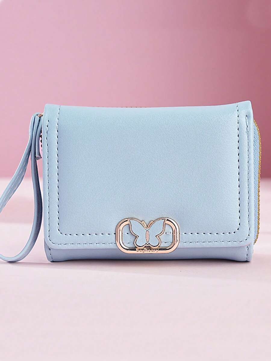 Women's Short Zipper Trifold Wallet with Butterfly Metal Decor
