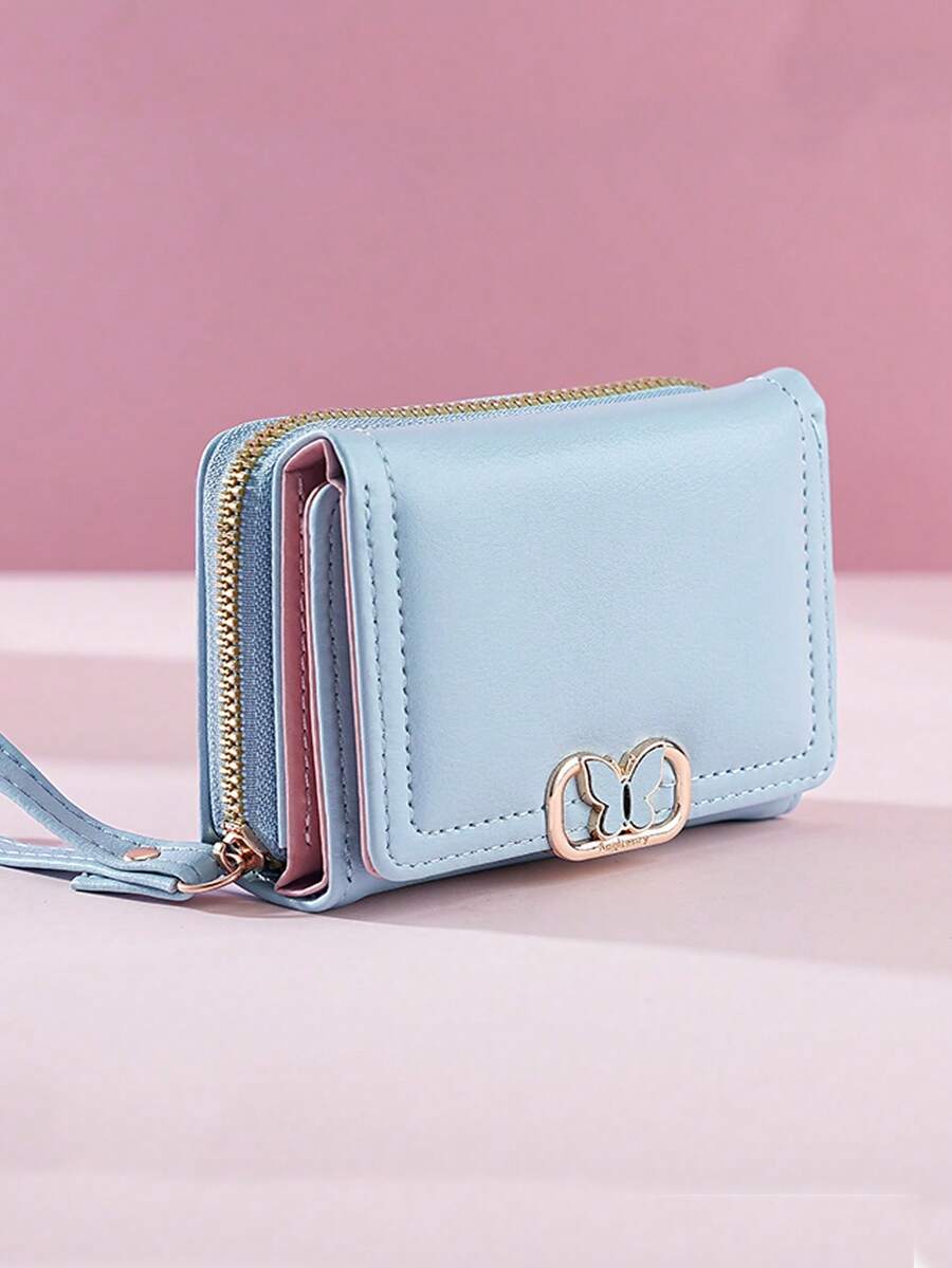 Women's Short Zipper Trifold Wallet with Butterfly Metal Decor