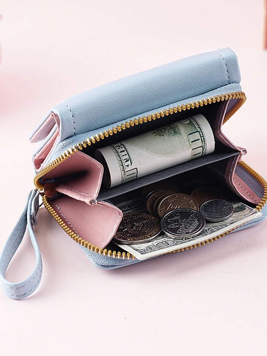 Women's Short Zipper Trifold Wallet with Butterfly Metal Decor
