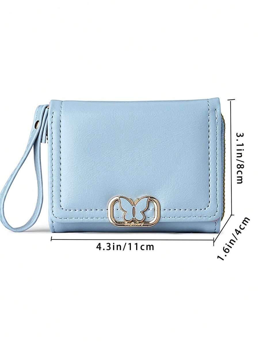 Women's Short Zipper Trifold Wallet with Butterfly Metal Decor
