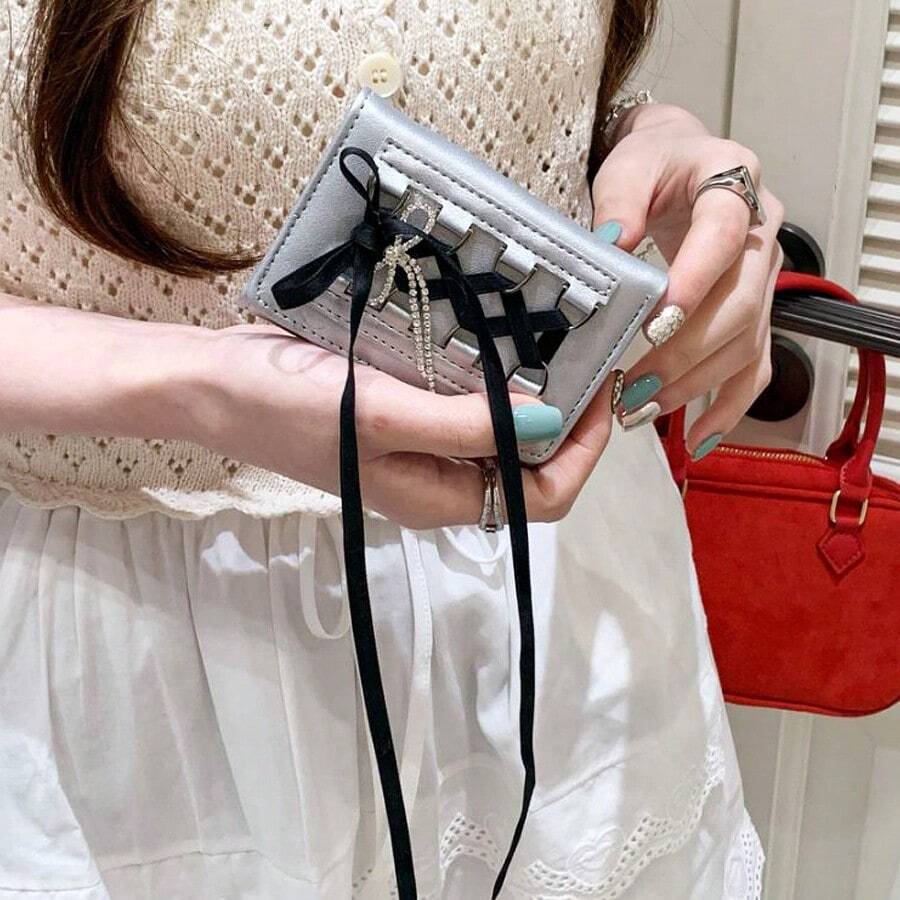 New Sweet Style Lace Bowknot Short Trifold Wallet for Women – High Quality Button-Up Card Holder