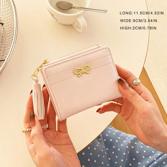 Women’s Pink Tassel Short Wallet – Korean Style Purse with Bow Charm & Card Slots