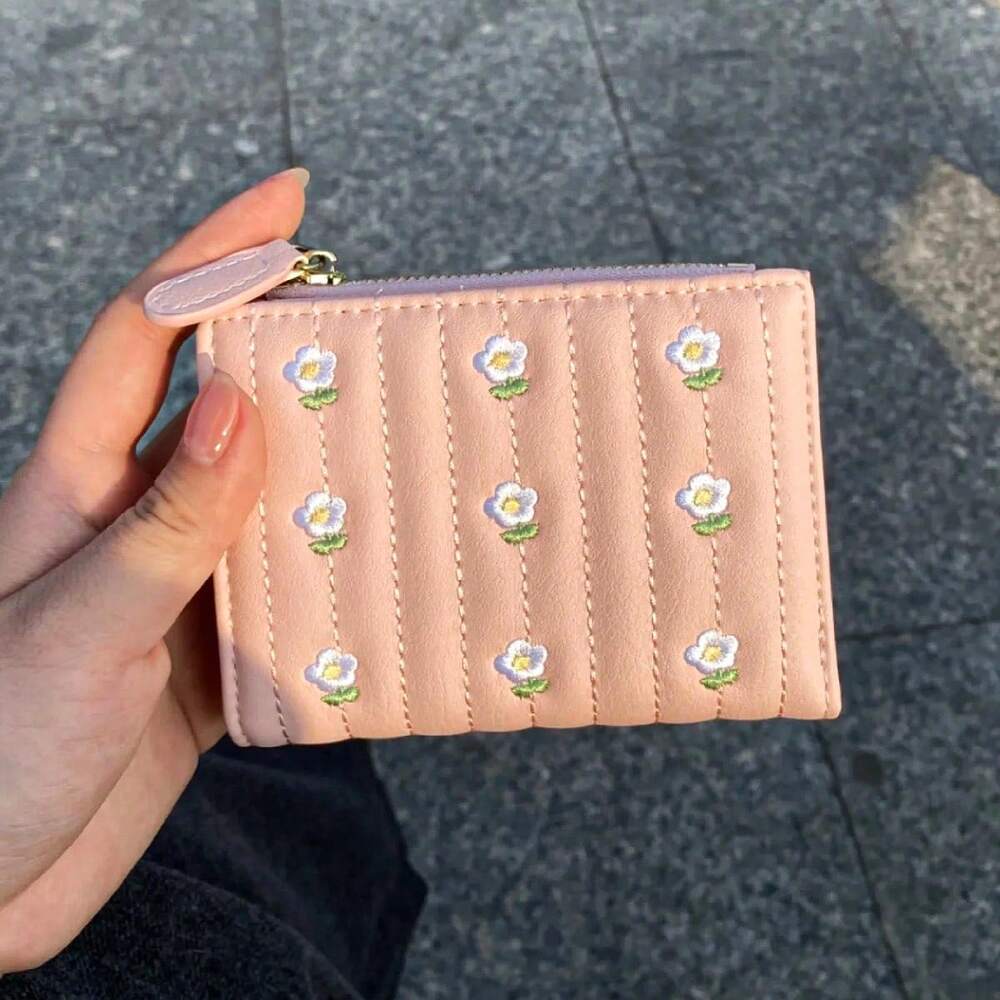 Korean Style Mini Wallet with Embroidered Floral Design - High Capacity Compact Purse - White