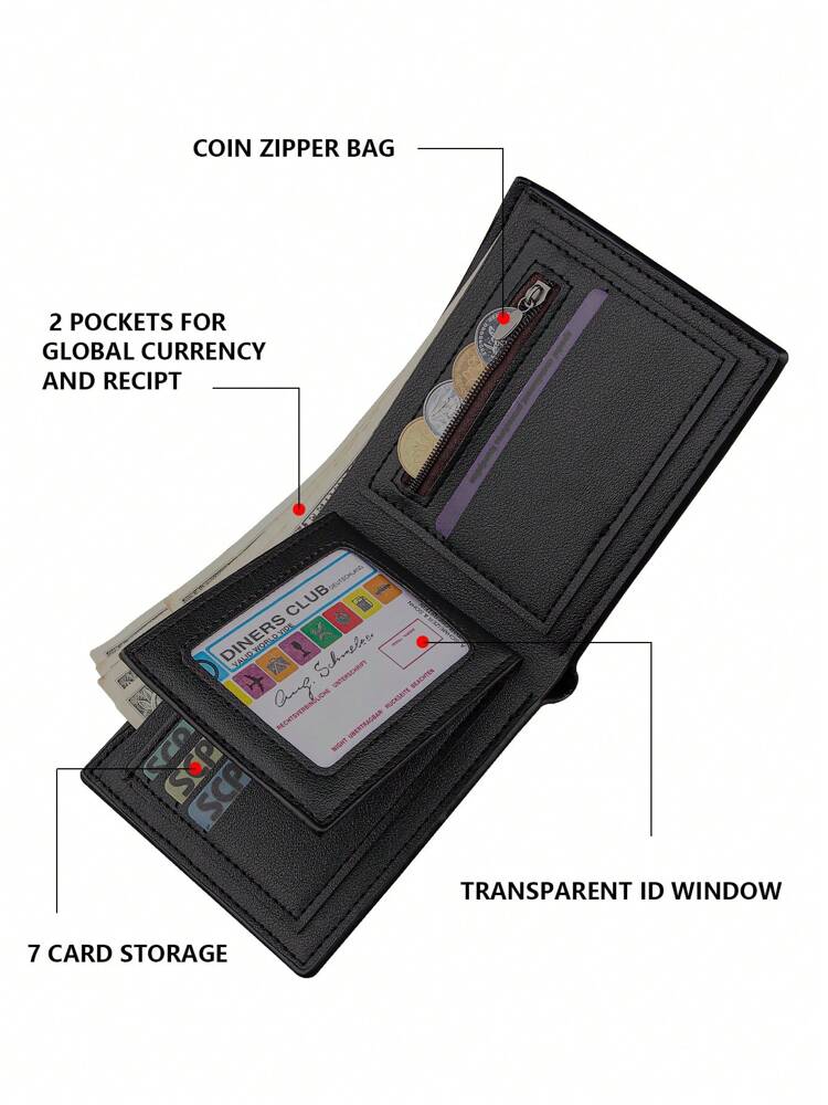 Men’s Black Business Wallet – Quilted Design, Multi-Card Holder with Zipper Coin Pocket