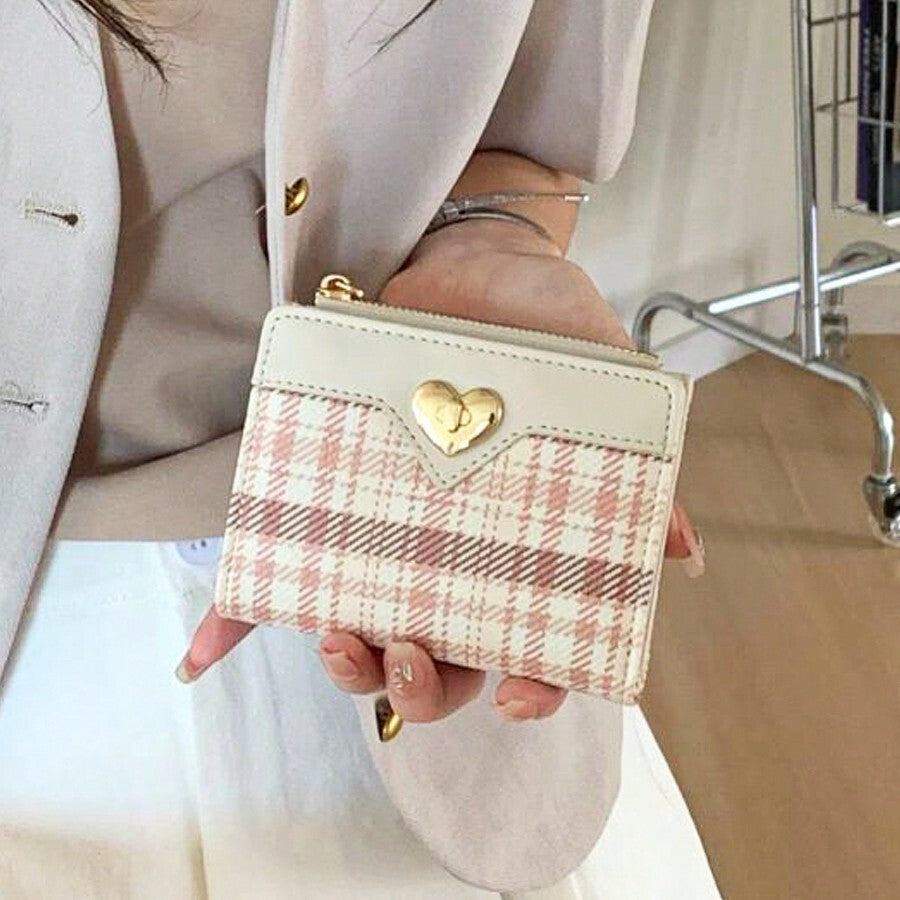 Fashionable Minimalist Heart-Shaped Zip Wallet with Plaid Pattern - Large Capacity Women’s Compact Purse