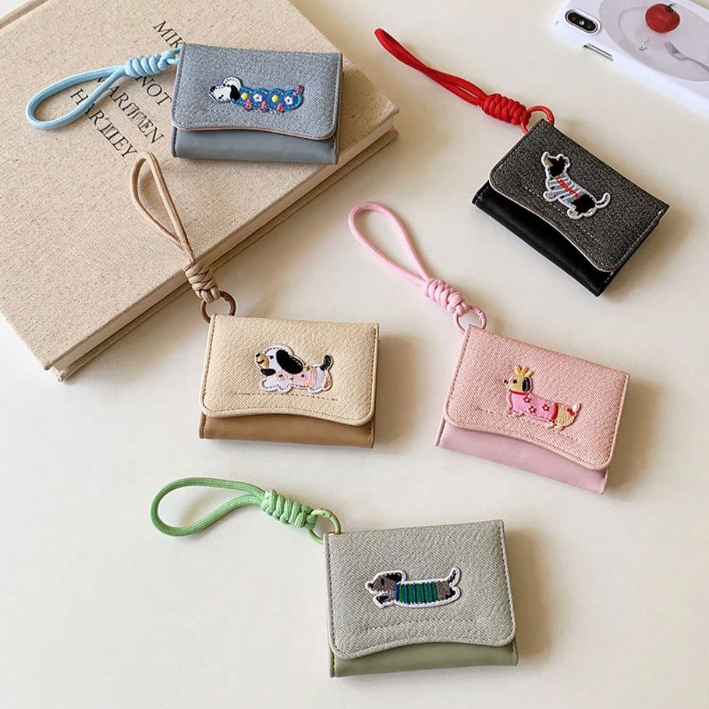 1pc Dog Print Women Flip Cover Button Wallet with Strap – Student Folding Short Handbag with Multiple Card Slots and Coin Purse