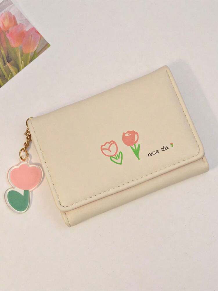 Korean Style Trifold Wallet – Cream PU Leather with Cartoon Floral Print & Heart Charm