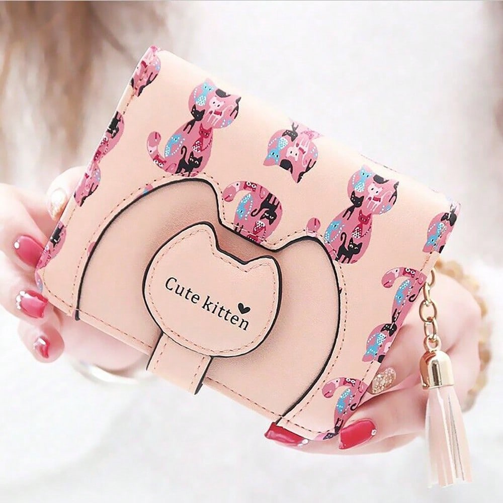 Cute Cartoon Cat Bifold Wallet with Tassel Zipper – Blue