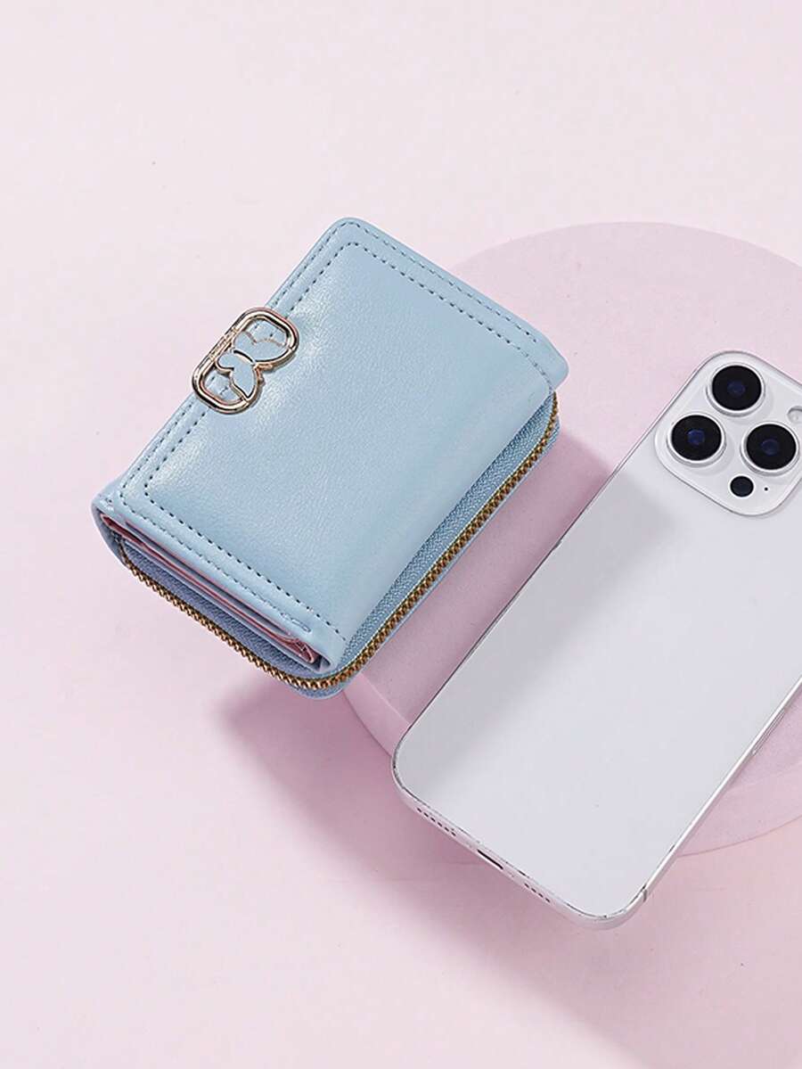 Women's Short Zipper Trifold Wallet with Butterfly Metal Decor