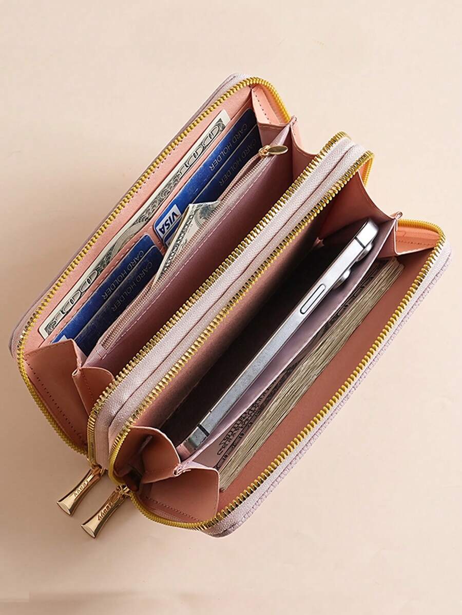 Women's Long Zipper Wallet with Wrist Strap – Multi-Card Phone Holder & Coin Purse (Brown)