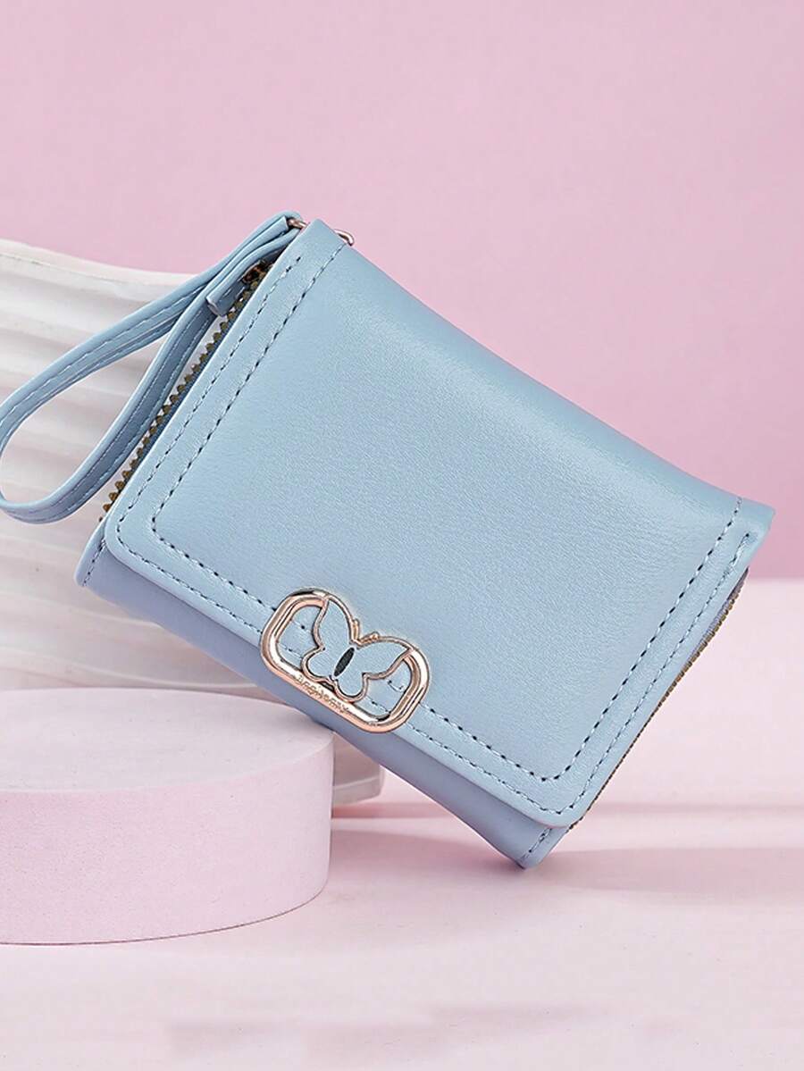 Women's Short Zipper Trifold Wallet with Butterfly Metal Decor