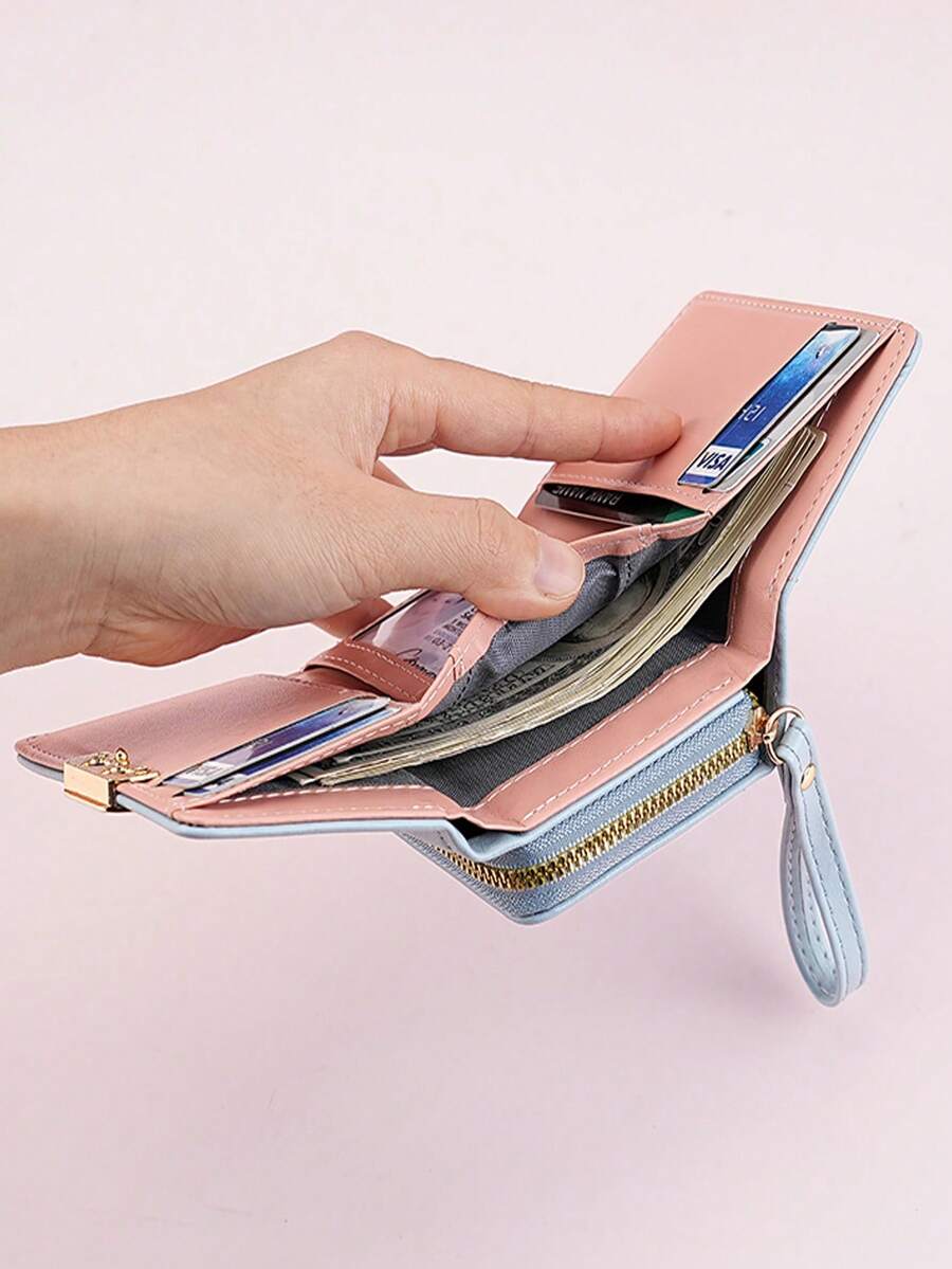 Women's Short Zipper Trifold Wallet with Butterfly Metal Decor