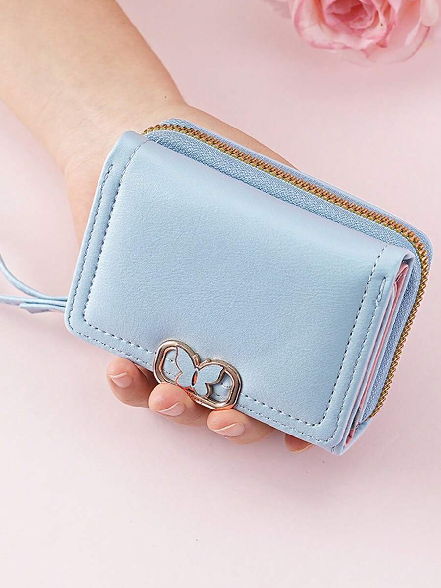 Women's Short Zipper Trifold Wallet with Butterfly Metal Decor