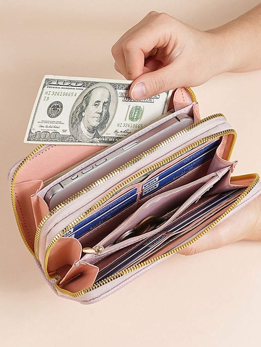 Women's Long Zipper Wallet with Wrist Strap – Multi-Card Phone Holder & Coin Purse (Brown)