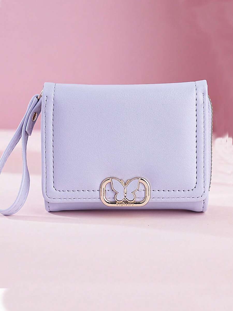 Women's Short Zipper Trifold Wallet with Butterfly Metal Decor