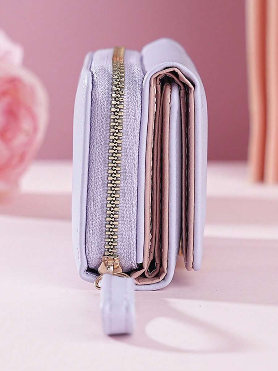 Women's Short Zipper Trifold Wallet with Butterfly Metal Decor