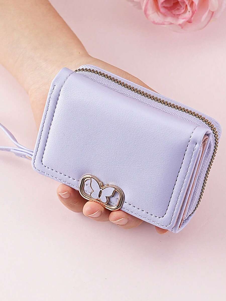 Women's Short Zipper Trifold Wallet with Butterfly Metal Decor