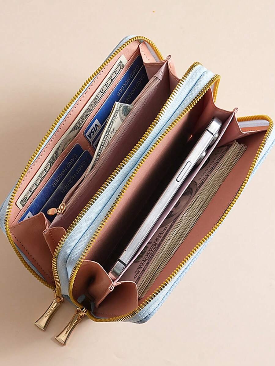 Women's Long Zipper Wallet with Wrist Strap – Multi-Card Phone Holder & Coin Purse (Brown)
