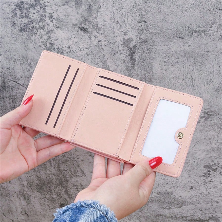 Women's Korean Style Short Wallet – Foldable PU Leather Purse with Heart Metal Detail & Kiss-Lock Coin Pocket