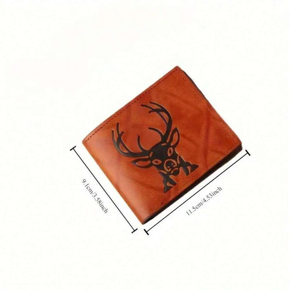 Men's Vintage Brown Wallet – Embossed Deer Head Design, Slim Bifold with Card Slots