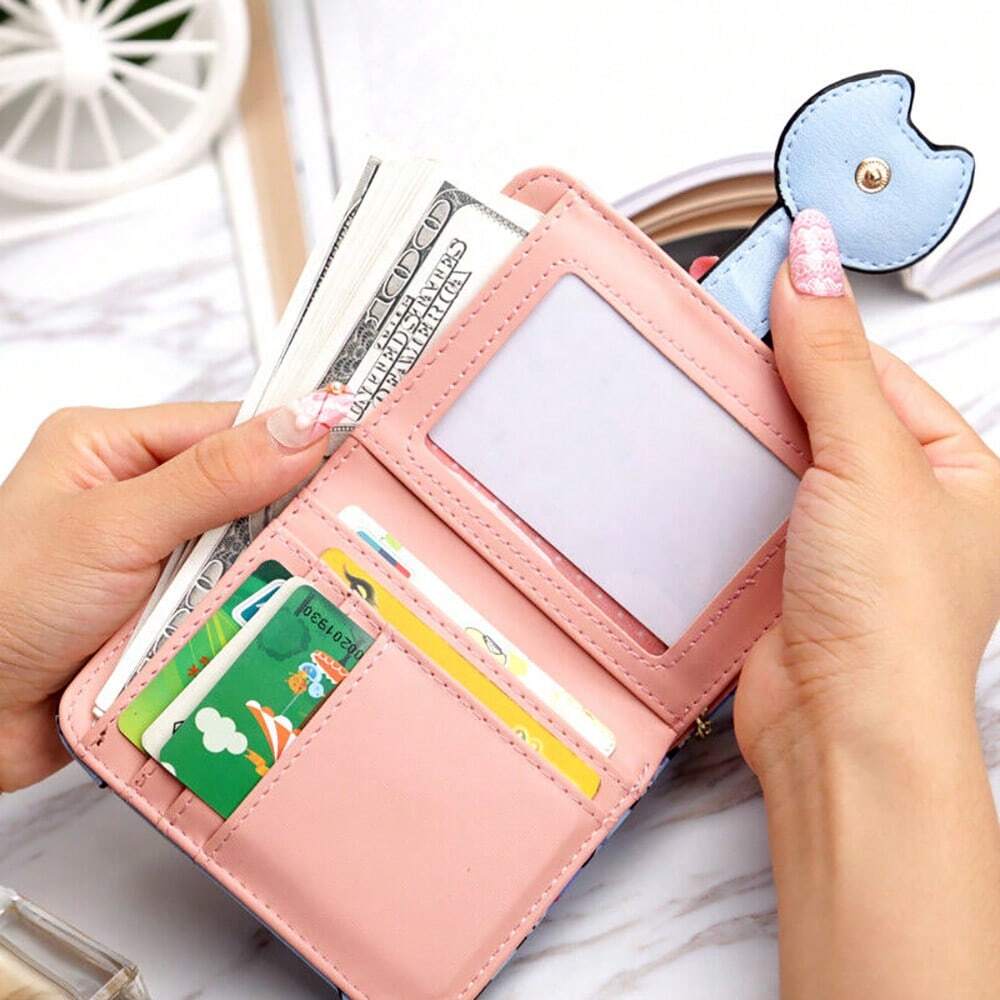 Cute Cartoon Cat Bifold Wallet with Tassel Zipper – Blue