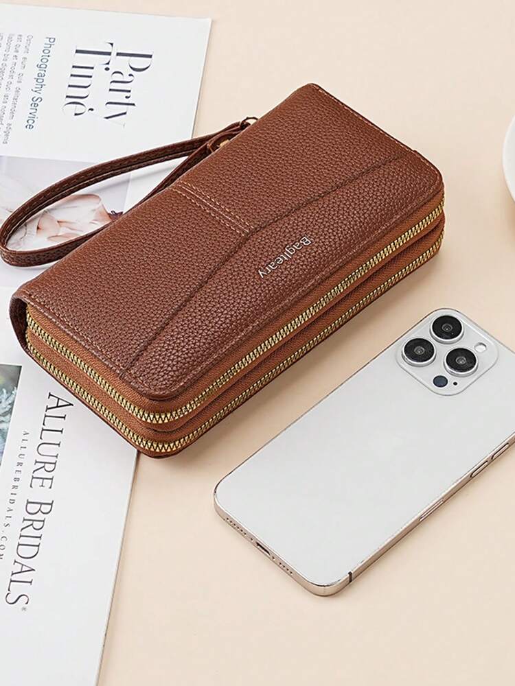 Women's Long Zipper Wallet with Wrist Strap – Multi-Card Phone Holder & Coin Purse (Brown)