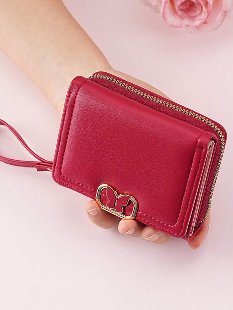 Women's Short Zipper Trifold Wallet with Butterfly Metal Decor