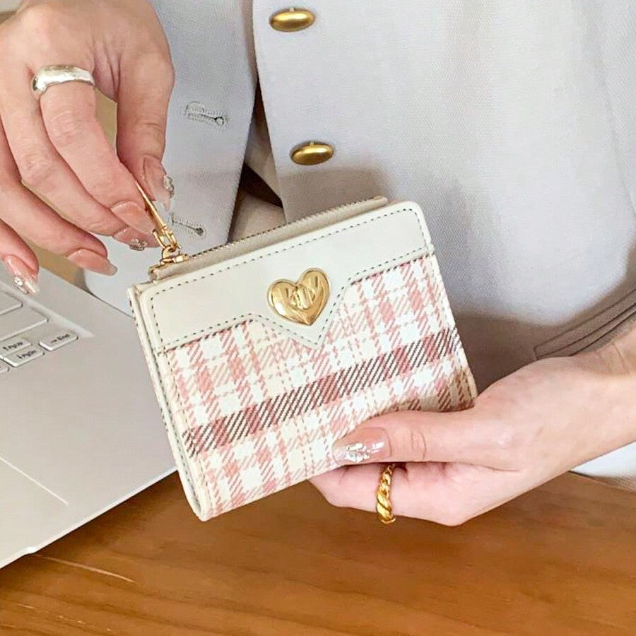 Fashionable Minimalist Heart-Shaped Zip Wallet with Plaid Pattern - Large Capacity Women’s Compact Purse