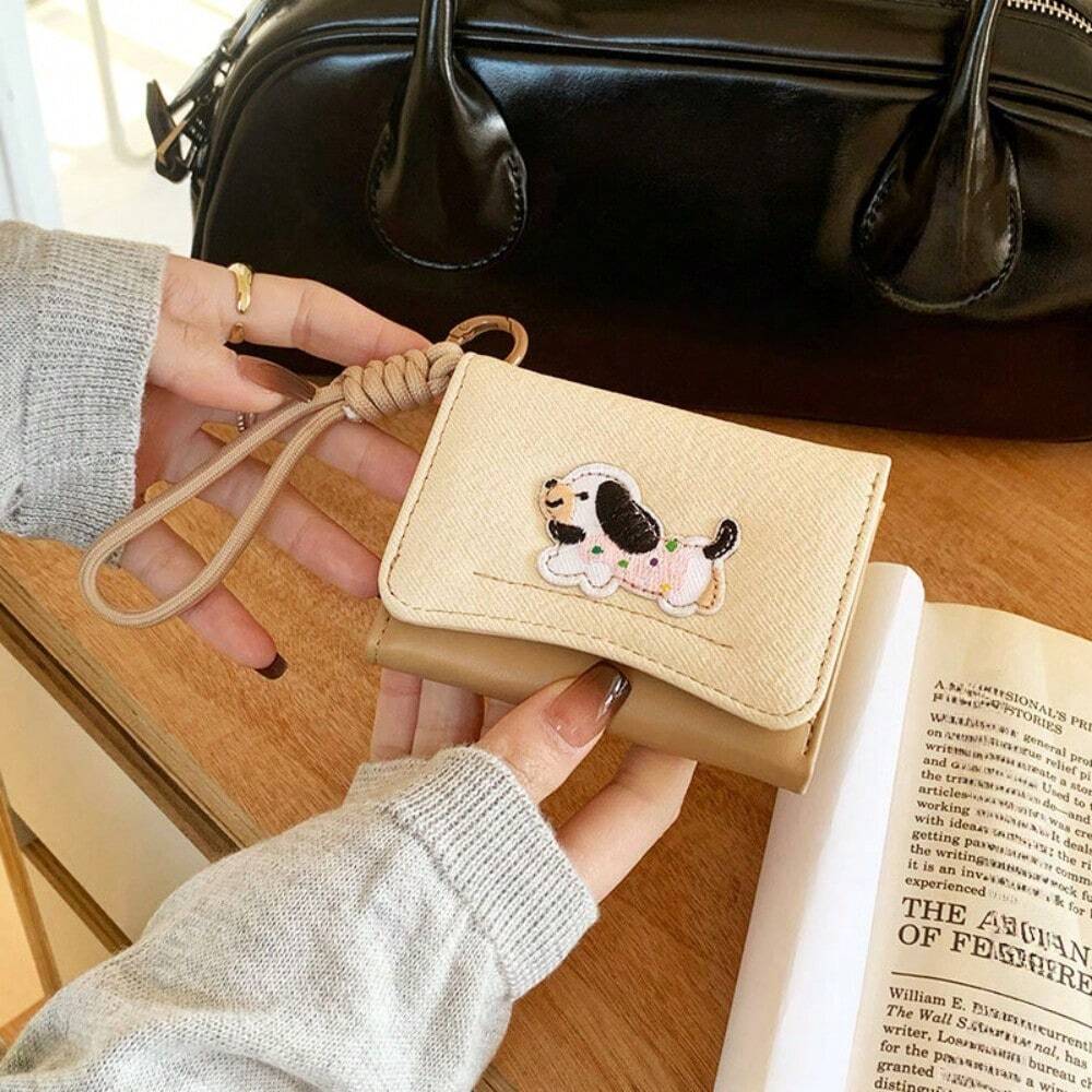 1pc Dog Print Women Flip Cover Button Wallet with Strap – Student Folding Short Handbag with Multiple Card Slots and Coin Purse