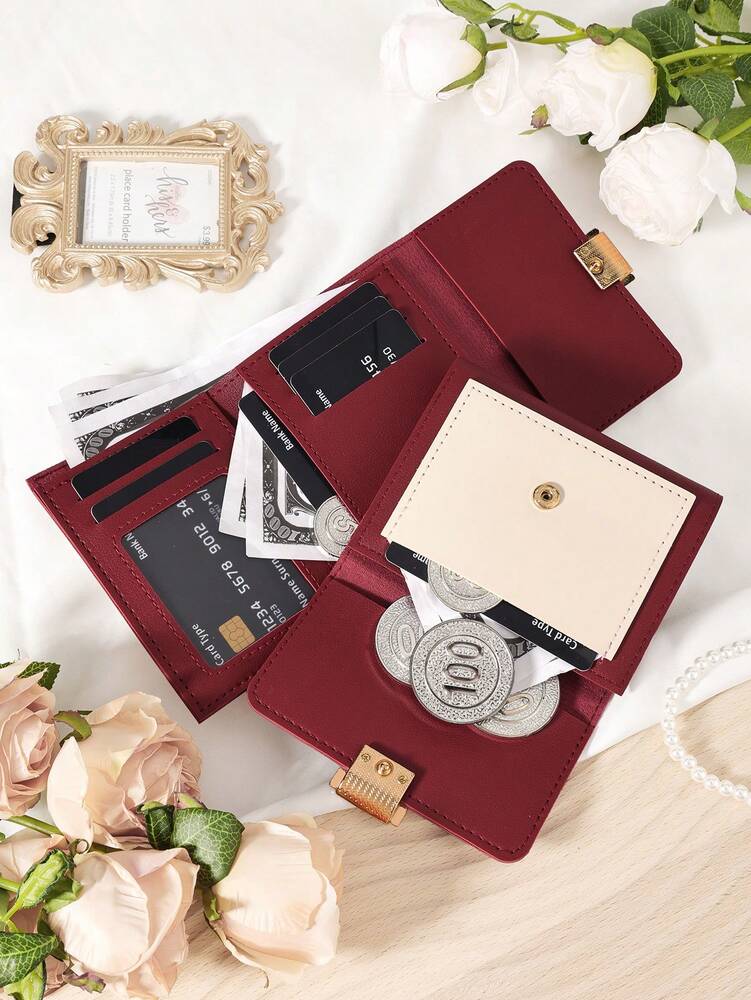 Burgundy Double Fold Mini Wallet with Coin Pocket and Card Slots