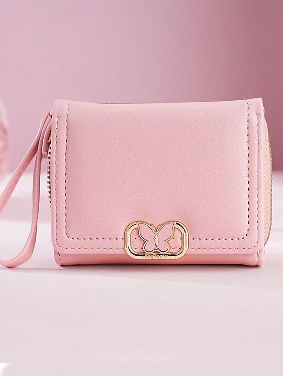 Women's Short Zipper Trifold Wallet with Butterfly Metal Decor