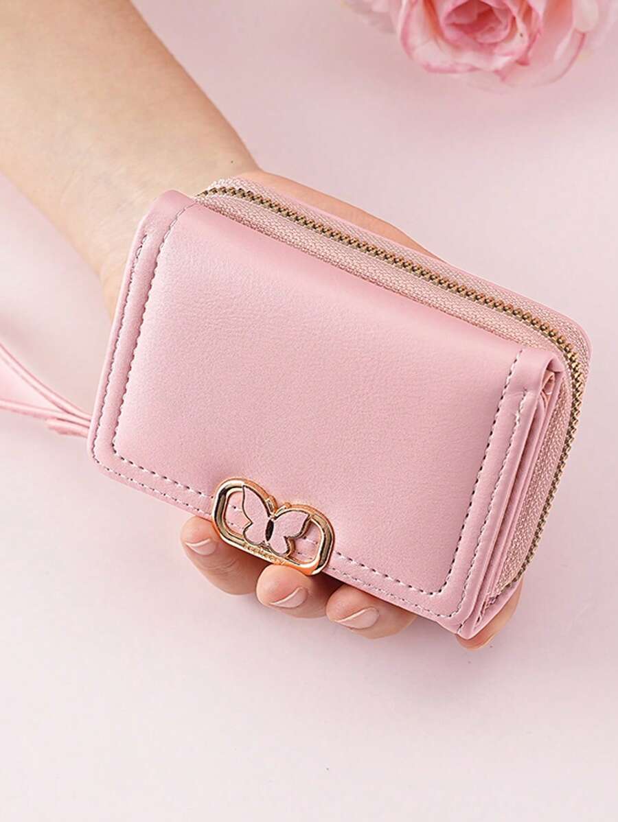 Women's Short Zipper Trifold Wallet with Butterfly Metal Decor