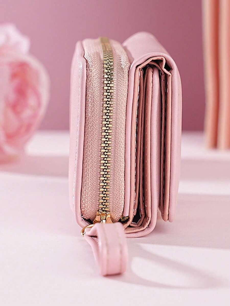 Women's Short Zipper Trifold Wallet with Butterfly Metal Decor