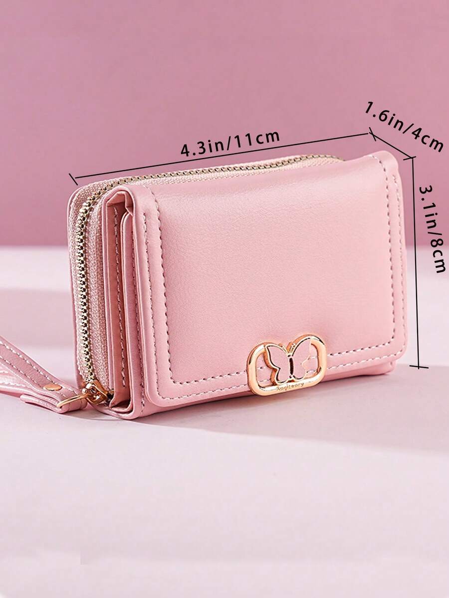 Women's Short Zipper Trifold Wallet with Butterfly Metal Decor