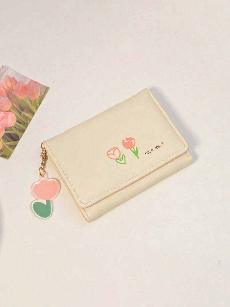 Korean Style Trifold Wallet – Cream PU Leather with Cartoon Floral Print & Heart Charm