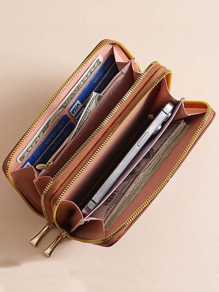 Women's Long Zipper Wallet with Wrist Strap – Multi-Card Phone Holder & Coin Purse (Brown)