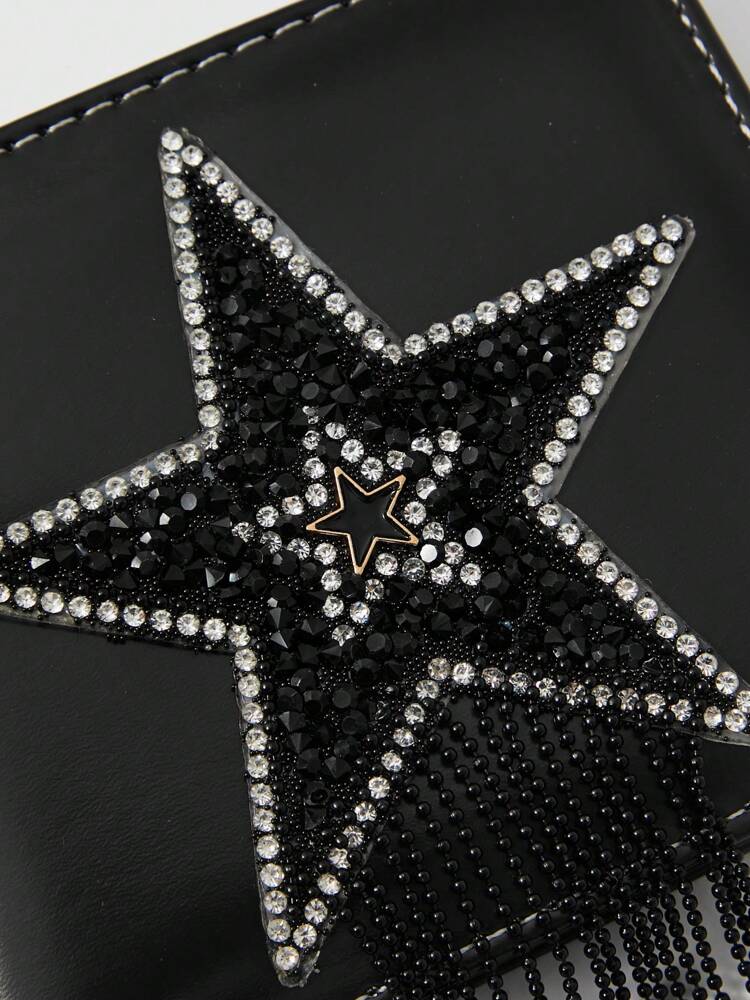 Grunge Punk Black Wallet with Rhinestone Star & Tassel Accent
