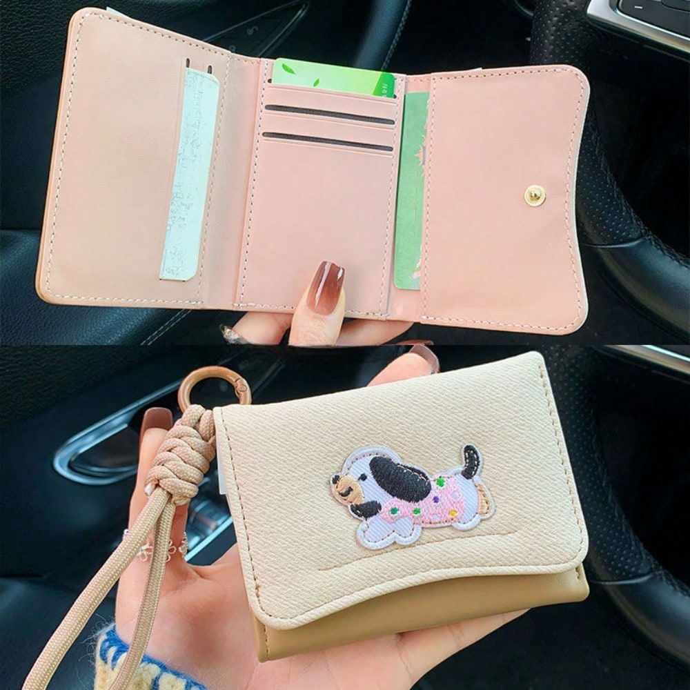 1pc Dog Print Women Flip Cover Button Wallet with Strap – Student Folding Short Handbag with Multiple Card Slots and Coin Purse