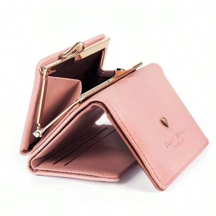 Women's Korean Style Short Wallet – Foldable PU Leather Purse with Heart Metal Detail & Kiss-Lock Coin Pocket