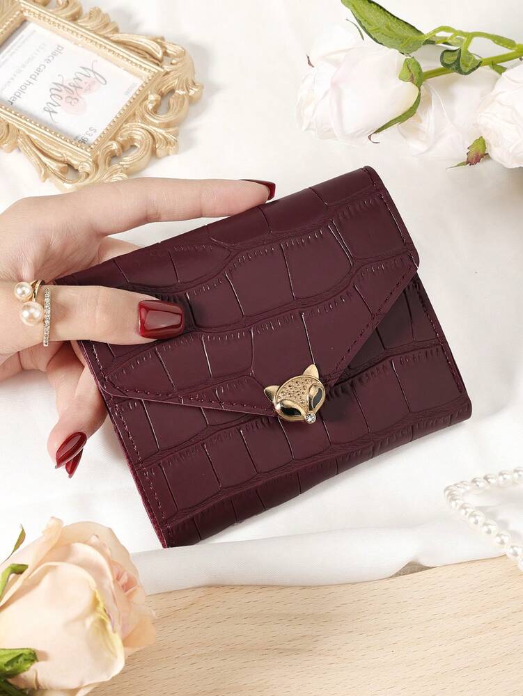 Burgundy Stone Pattern Mini Wallet with Fox Clasp